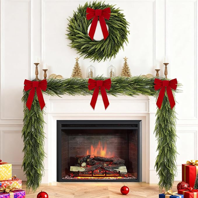 6FT Artificial Norfolk Pine Garland Includes 2 Red Bows, Real Touch Faux Greenery Garland for Home, Wedding, Party Decor - Mantle, Staircase, Indoor Outdoor