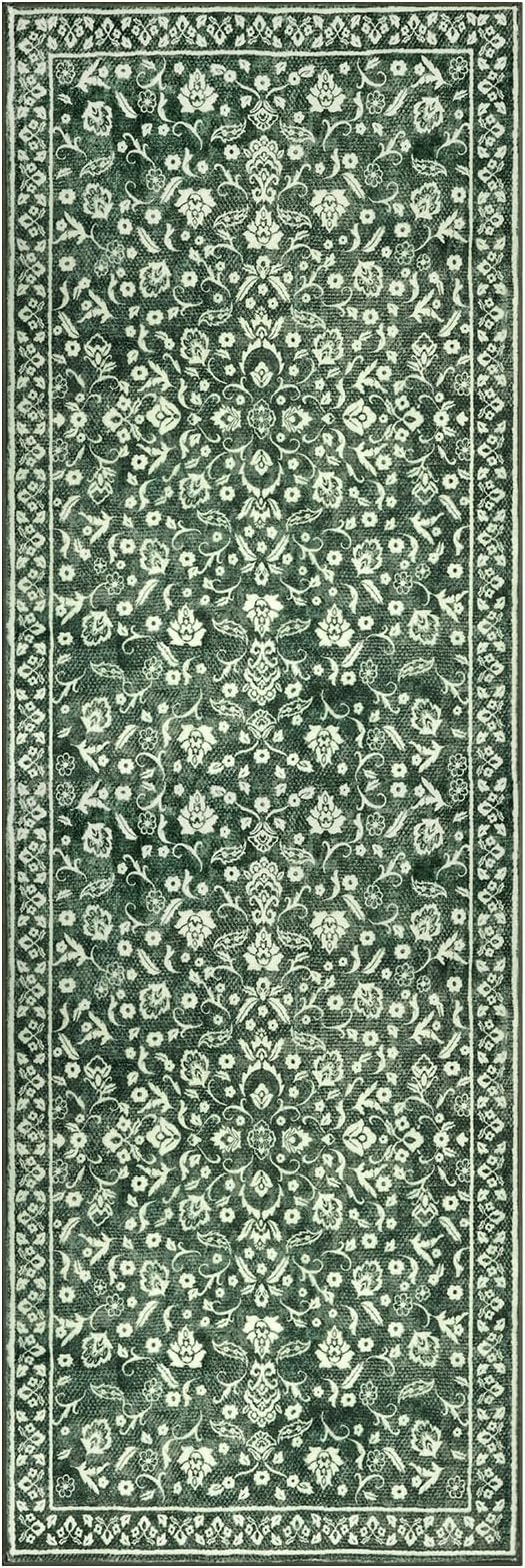 Vintage Washable 2x5 Rug Runner, Forest Green Runners for hallways, Super Soft Kitchen Runner Rug Non Slip, Print Faux Wool Floral Thin Carpet Runner for Entryway Indoor Bedroom