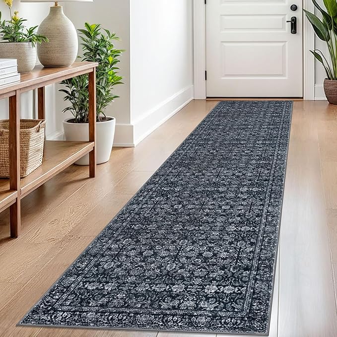 2x8 Washable Runner Rug for Hallways, Black Soft Classic Kitchen Rugs with Non-Slip, Non-Shedding Distressed Floral Carpet for Hallways Entryway Bedroom Bathroom Laundry Indoor