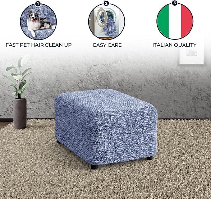 PAULATO BY GA.I.CO. Ottoman Cover Stool Cover Pouf Slipcover - Soft Polyester Fabric Slipcover - 1-Piece Form Fit Stretch Furniture Protector - Microfibra Collection - Blue (Ottoman)