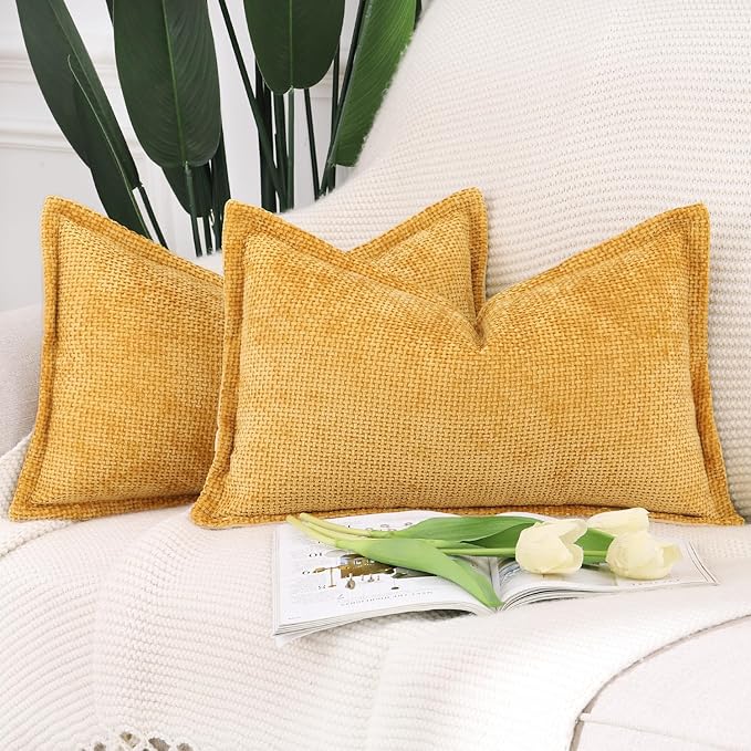 MADIZZ Chenille Velvet Throw Pillow Covers with Flange Set of 2 Super Soft Boho Textured Pillow Covers Decorative Throw Pillowcases Modern Farmhouse Home Decor for Sofa Bedroom Yellow 12x20 Inch