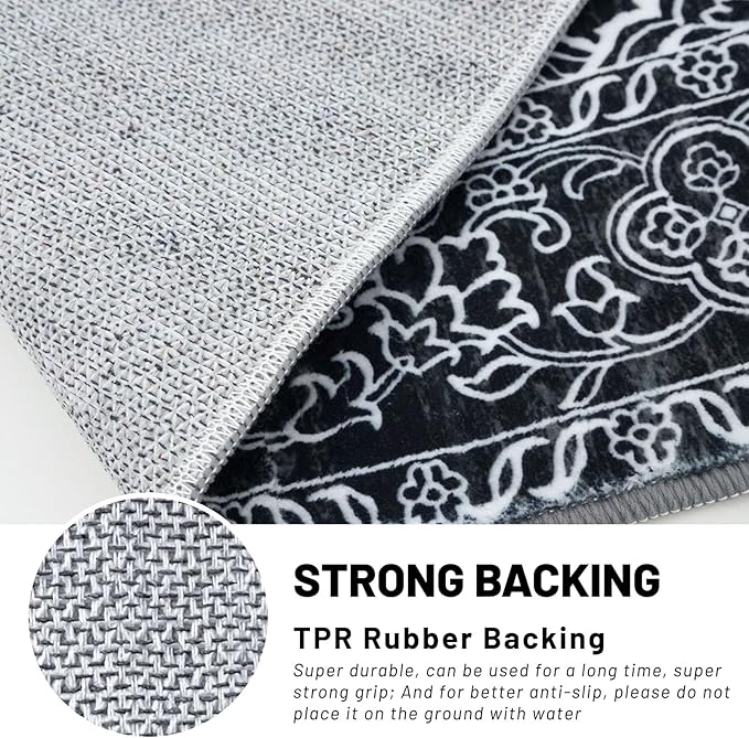 KUTA Area Rugs 9x12 Living Room, Vintage Medallion Washable Large Rug for Bedroom 9ft x 12ft Non-Slip, Black Ultra Soft Printed Modern Floral Distressed Low-Pile Dining Room Carpet