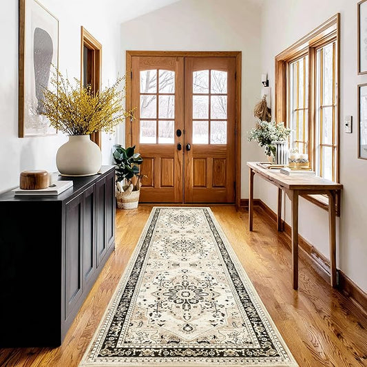 XWZO Washable Hallway Runner Rug 2x8ft — Non-Slip Low Pile Area Rug with Rubber Backing, Spill Resistant Soft Vintage Floor Carpet Runner for Kitchen Entryway Doorway Bedroom Corridor, Brown Beige