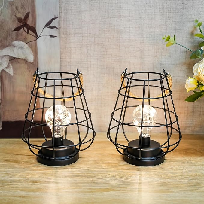 JHY DESIGN Set of 2 Cage Bulb Lantern Decorative Table Lamps 8.5" H Battery Powered Cordless Lights with Warm White Fairy Lights LED Edison Bulb Lamp for Living Room Bedroom Home Wedding(Black)