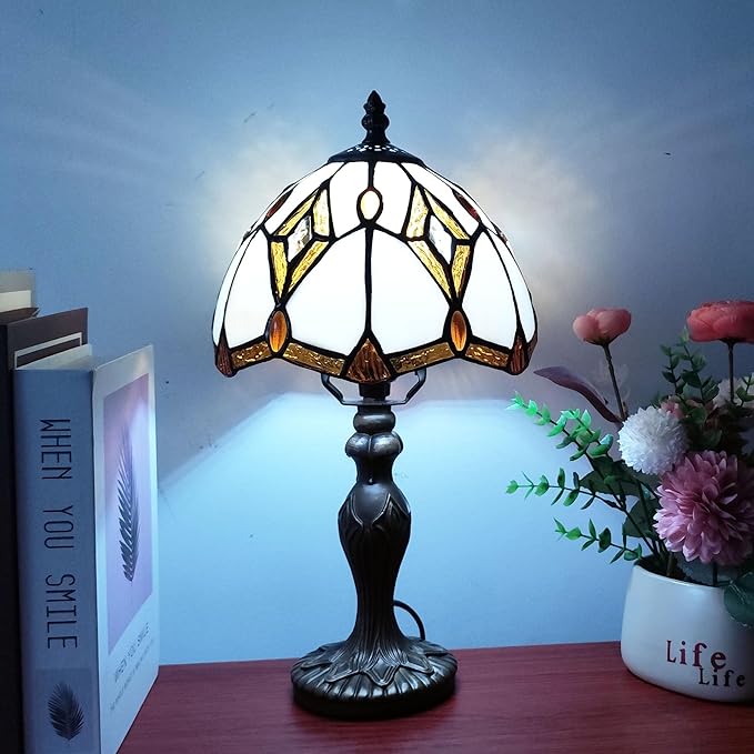 Tiffany Table Lamp Yellow Brown Stained Glass Reading Light 3-Way Small Decorate Lamp for Home Living Room Nightstand Bedroom Office Include Light Bulb
