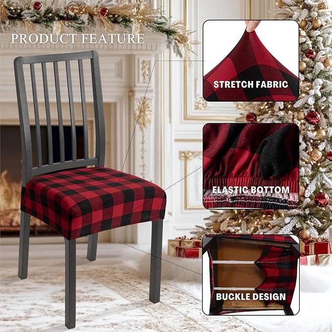 SearchI Christmas Dining Chair Seat Covers Set of 6, Buffalo Plaid Xmas Seat Covers for Dining Chairs, Dining Room Seat Covers for Christmas Decoration(Rear-Covered, Red and Black)