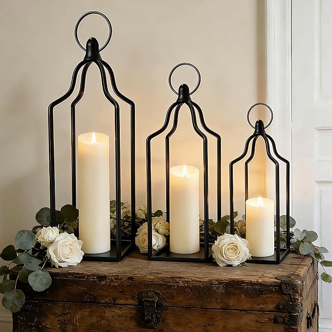 Rustic Farmhouse Decor Metal Lantern Set of 3 Decorative Lanterns for Home Indoor Outdoor Living Room, Fireplace, Patio, Wedding & Kitchen Table Centerpieces (Black, 16.9"+14.5"+12.2")