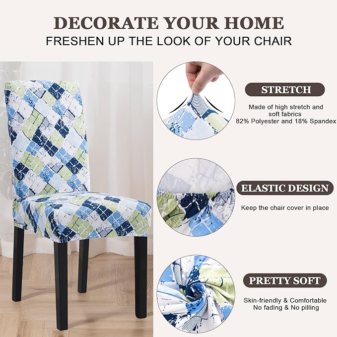 Sufdari Dining Chair Covers,Kitchen Chair Cover,Parsons Chair Slipcover,Spandex Chair Protectors for Dining Room Stretch Chairs Cover Set of 8 -Green Blue Plaid