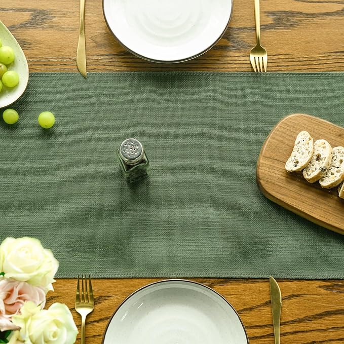 Artoid Mode Dark Green Tassel Table Runner, Linen Blend Rustic Farmhouse Style Kitchen Table Decoration Holiday Wedding Party Dinning Decor 13x90 Inch