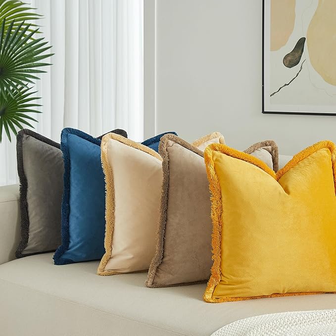 JUSPURBET Prussian Velvet Throw Pillow Covers 22x22 Inch Set of 2 with Soft Tassel Fringe Luxury Boho Pillowcase for Sofa Couch Bed Home Decor Machine Washable