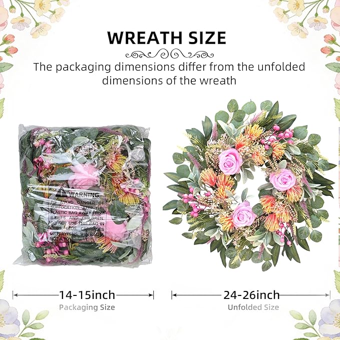 24 Inch Spring Rose Wreath Handmade Wreath for Front Door, with Eucalyptus Berries & Flocking Prote, Farmhouse Wreath for Home Indoor Outdoor Wall Festival Farmhouse Holiday Decor Year Round