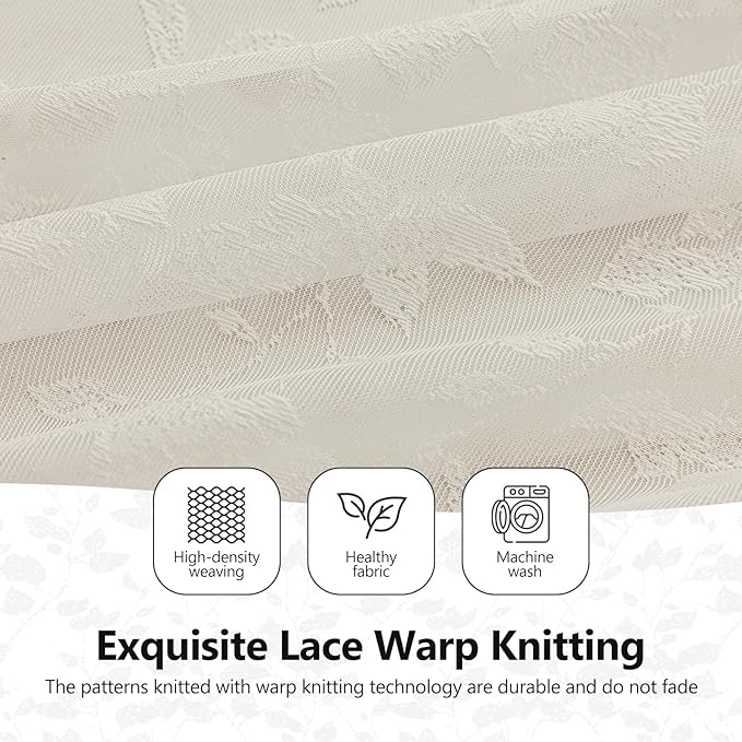 Beige Lace Sheer Curtains – Vintage Leaves Pattern Lace Fall Curtains, Modern Privacy Light Filtering Rod Pocket Window Drapes for Bedroom Living Room, 52W x 54L Inch, 2-Panel Set