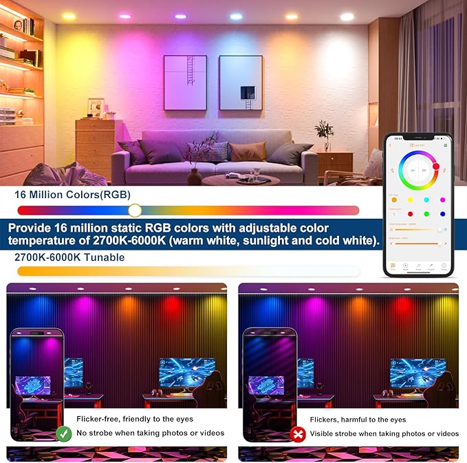 Black 24 Pack Smart Recessed Lighting 4 Inch RGBCW Color Changing 12W LED Downlight with Junction Box,1000 Lumen Recessed Ceiling Light Compatible with Alexa,Dimmable by Bluetooth Control