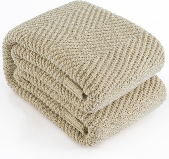 Knitted Throw Blanket 60"X80", Light Beige Knit Throws for Bed, Super Soft Boho Chevron Blankets for Couch Sofa Chair Room Decor, Textured Decorative Farmhouse Cozy Lightweight