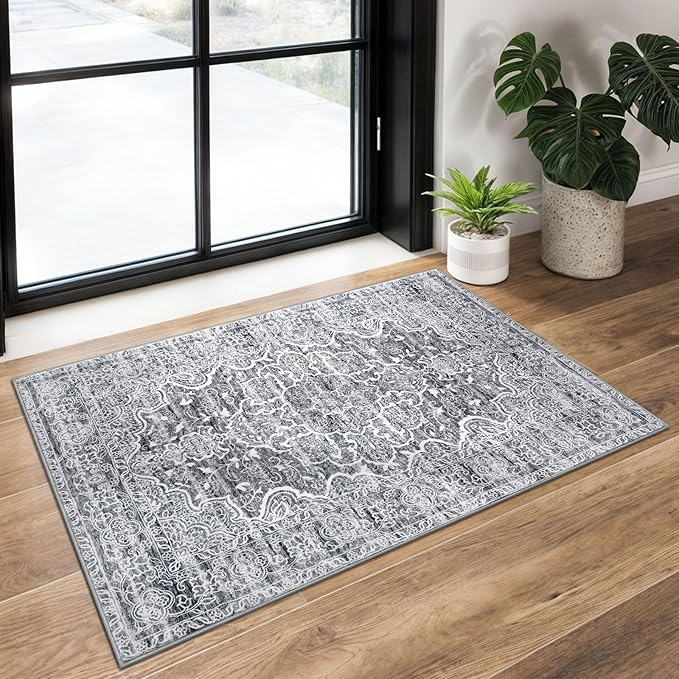 KUTA Vintage Rugs for Entryway Indoor Non-Slip Grey Blue White Washable Rug 2x3 Vintage Floral Soft Printed Doormat Small Accent Farmhouse Kitchen Throw Carpet for Entrance and Bedroom