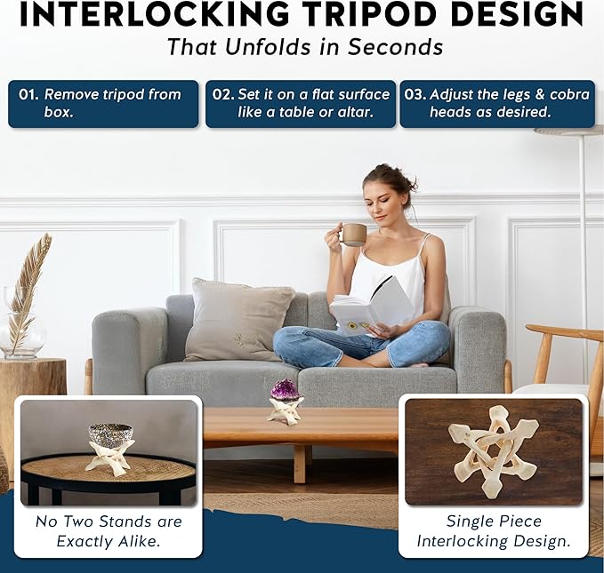 Alternative Imagination Wooden Tripod Display Stand - 4-Inch Hand Carved Holder Made from Mango Wood -Folding Natural Stand for Abalone Shell, Crystal Ball, Key Bowl,Trinket Dish, Incense,Decor & More