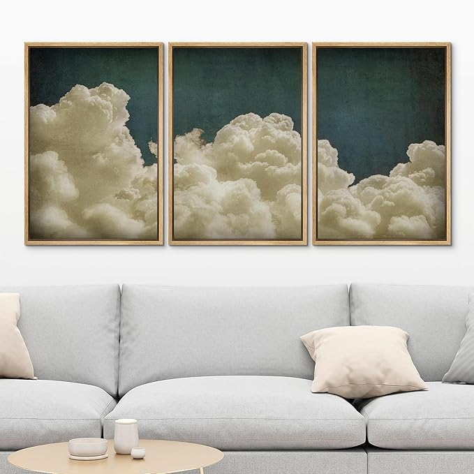 MUDECOR Framed Wall Art Print Set Vintage Cloudscape Dreamy Cotton Clouds Illustrations Modern Art Decorative Colorful Chic for Living Room, Bedroom, Office - 16"x24"x3 Natural