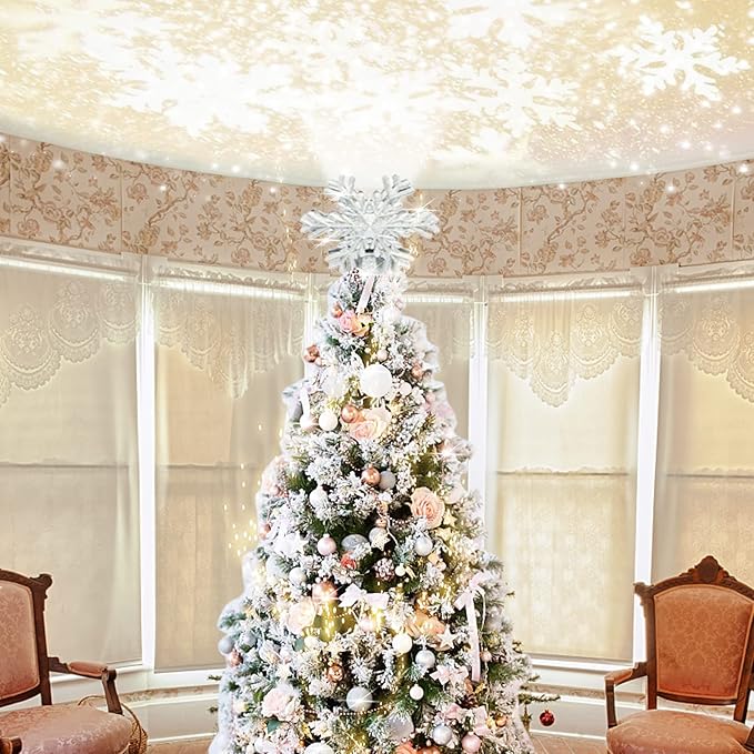 Christmas Tree Topper with 3D Snowfake Projector,fohuas LED Rotating Snowflake Xmas Festival Ornament Light Lamp,Glitter Sparkling Hollow Lighted Silver White Snow Tree-top Decoration