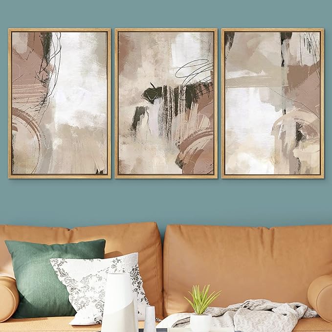 SIGNWIN Framed Canvas Print Wall Art Set Brown Pastel Watercolor Paint Strokes Shapes Abstract Illustrations Modern Art Decorative Nordic Calm/Zen for Living Room, Bedroom, Office - 24"x36"x3 Natural