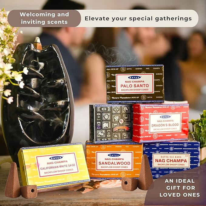 Nag Champa|Super Hit|Dragons Blood|Palo Santo|Sandalwood|Californian White Sage Variety Pack Backflow Incense Cones for Waterfall Aromatic Smoke Fountain Haze Falls and Mat Bundle - Pack of 6