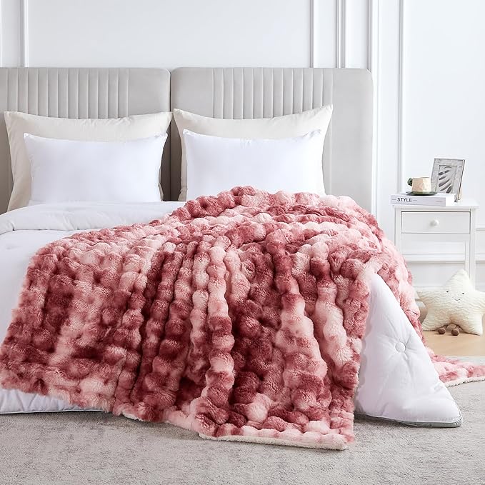 60x80 Inches Ultra-Soft Fuzzy Faux Fur Plush Twin Size Blanket - Thick, Warm Sherpa for Couch, Sofa, Bedroom, Camping - Decorative Blanket for Cozy Warmth, Bubble Dusty Rose Tie Dye