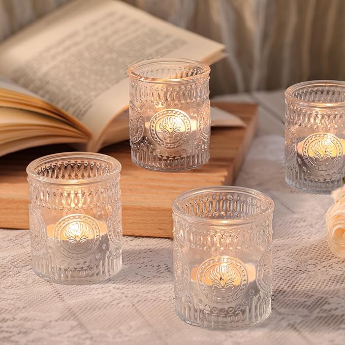 12 Pcs Clear Votive Candle Holders, Glass Tealight Candle Holders Embossed Candle Holder for Wedding Table Centerpiece, Home Decor, Birdal Shower, Party