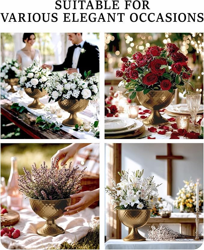 8.25'' Wide 7.3''High Decorative Bowl Vase Set of 2,Distressed Gold Metal Compote Bowl for Tables，Urn Vases for Vintage Wedding Centerpieces,Elegant Compote Vases,Pedistal Vase for Any Event