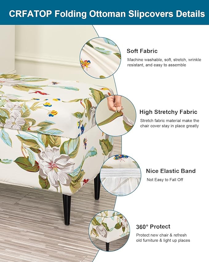 CRFATOP Printed Rectangle Ottoman Stool Cover Stretch Folding Storage Footstool Bench Slipcovers Upholstered Foot Chest Chair Covers Washable Entryway Furniture Protector with Elastic Bands,M,02