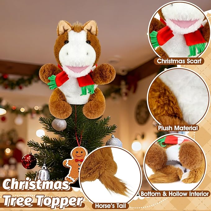 Horse Christmas Tree Topper with Red Scarf, 10in Winter Small Plush Horse Tree Topper Decor for Horse Themed Party Farm Party Home Xmas Christmas Indoor/Outdoor Tree Top Decoration, Horse Lover Gift