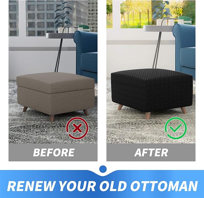 MAXIJIN Jacquard Ottoman Cover Slipcovers Folding Storage Stool Furniture Protector Cover Soft Thick Rectangle Foot Rest Slipcover with Elastic Bottom (Ottoman Large, Black)