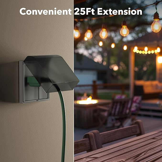 BN-LINK 25 ft Outdoor Extension Cord w/3 Inline Outlets 16/3 Gauge, SJTW Green for Landscaping & Holiday Decorations, Grounded, ETL Listed