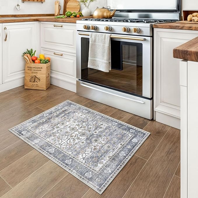 KUTA Vintage 2x3 Entryway Rug, Washable Kitchen Rugs & Ultra Thin Soft Throw Rug, Non-Slip Floral Distressed Print Grey Blue, Perfect for Front Door, Bedside, or Small Spaces