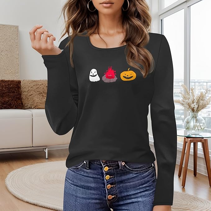 Halloween Sweatshirt Ghost Graphic U-Neck Sweatshirt Long Sleeve Breathable Plus Size Halloween Pullover Best Gift