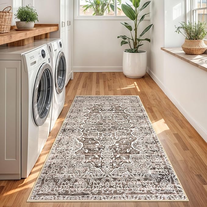 KUTA Vintage Floral Rug 3x5 Area Rugs for Living Room Brown Washable Kitchen Carpet Non-Slip, Ultra Soft Printed Distressed Tribal Entry Low-Pile Throw for Entrance Bedroom Home Décor