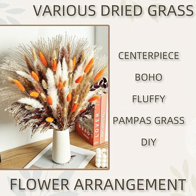 Dried Pampas Grass Bouquet Boho Rustic Wedding and Home Table Wedding Rustic Decor Natural Floral Arrangement 17inch (Burnt Orange)