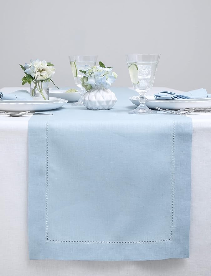 Solino Home Linen Hemstitch Table Runner 108 Inches Long - 100% Pure Linen Sky Blue Table Runner 14 x 108 Inch for Spring, Easter - Classic Hemstitch