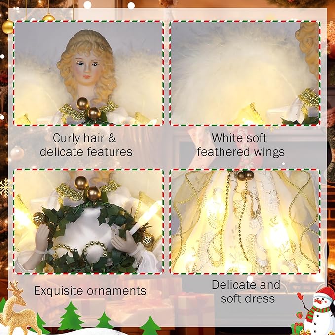 12.5" Angel Christmas Tree Topper with Lights, Lighted Angel Tree Topper with White Feather Wings and Garland, Remote Control, Timer & USB Powered for Indoor Holiday Decoration