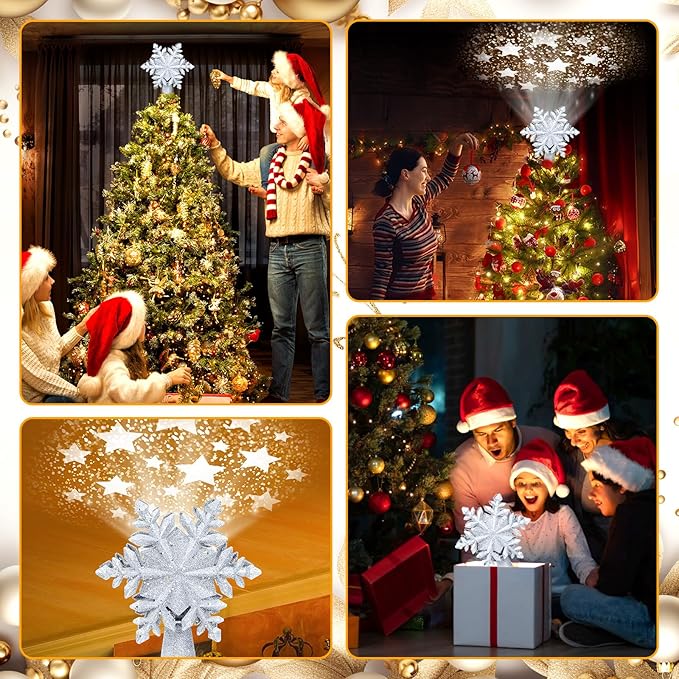 Christmas Tree Topper Lighted, Rotating Star Pattern Projector, 3D Hollow Glitter Lighted Snow Tree Topper for Xmas Party Holiday Christmas Tree Decorations(Silver Snow)