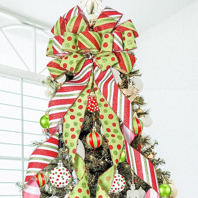Christmas Tree Topper Wreath Bow Large Green Christmas Bow Tree Topper with Red Green Dot Patterned Gift Bows for Xmas Ornament Holiday Home Thanksgiving Indoor/Outdoor Decoration 52"x13"