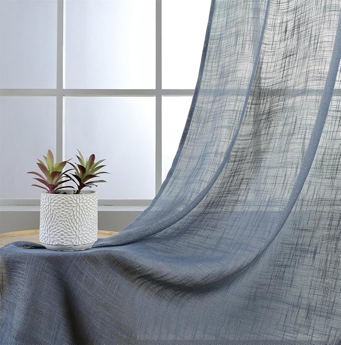 MIUCO Semi Sheer Curtains Poly Linen Textured Solid Grommet Curtains 95 Inches Long for French Doors 2 Panels (2 x 37 Wide x 95" Long) Dusty Blue