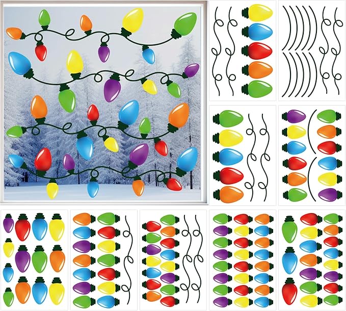 Cinrobiye 9 Sheets Christmas Bulb Light Window Clings Winter Christmas Car Refrigerator Decorations Stickers Door Window Seasons Decals for Holiday Xmas Christmas Home Kitchen Living Room (Bulb Light)