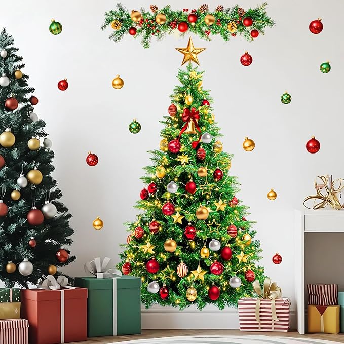 Large Christmas Tree Wall Decals Peel and Stick Merry Christmas Ornament Wall Stickers Removable Winter Tree Decals Xmas Trees Stickers Xmas Holiday Window Sticker for Party Decoration