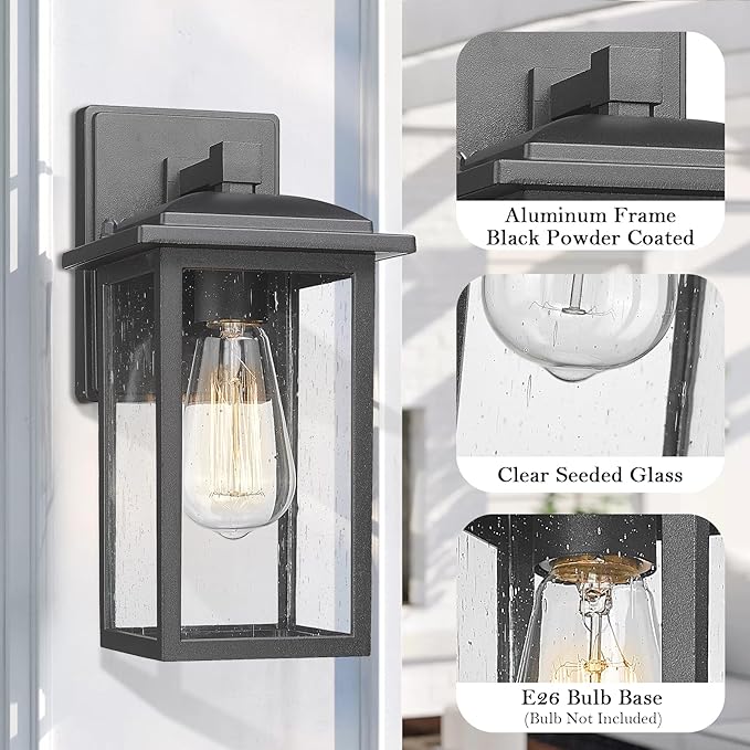 Outdoor Wall Sconce 1 Pack, Exterior Light Lantern Fixture, Porch Lights Lamp Outdoor Wall Mounted in Black Finish with Seeded Glass for House, Garage, Patio, Yard, Garden