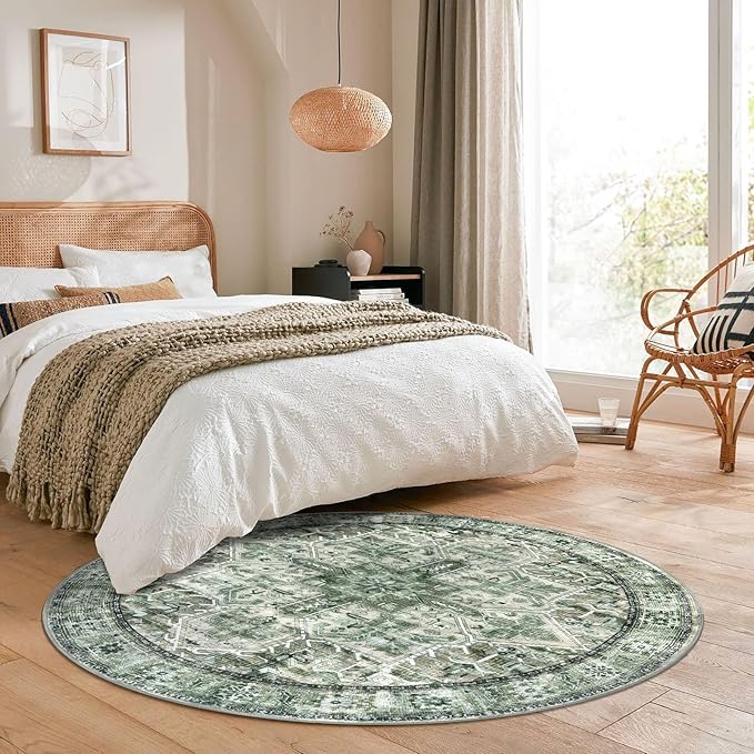 6' Round Washable Rug for Entryway, Green Soft Printed Area Rug, Non-Slip Kitchen Rugs, Low-Pile Medallion Indoor Door Mat, Small Farmhouse Carpet for Entrance Kitchen Foyer Bedside