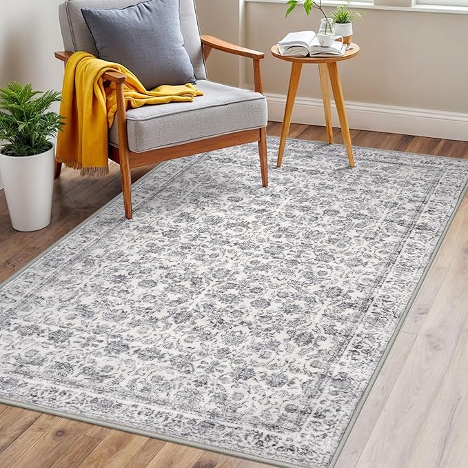 3x5 Washable Area Rug for Entryway, Grey Soft Distressed Floral Rug with Non-Slip, Low-Pile Vintage Neutral Area Rugs for Entryway Nursery Bedroom Dining, Dorm Carpet with Non-Shedding