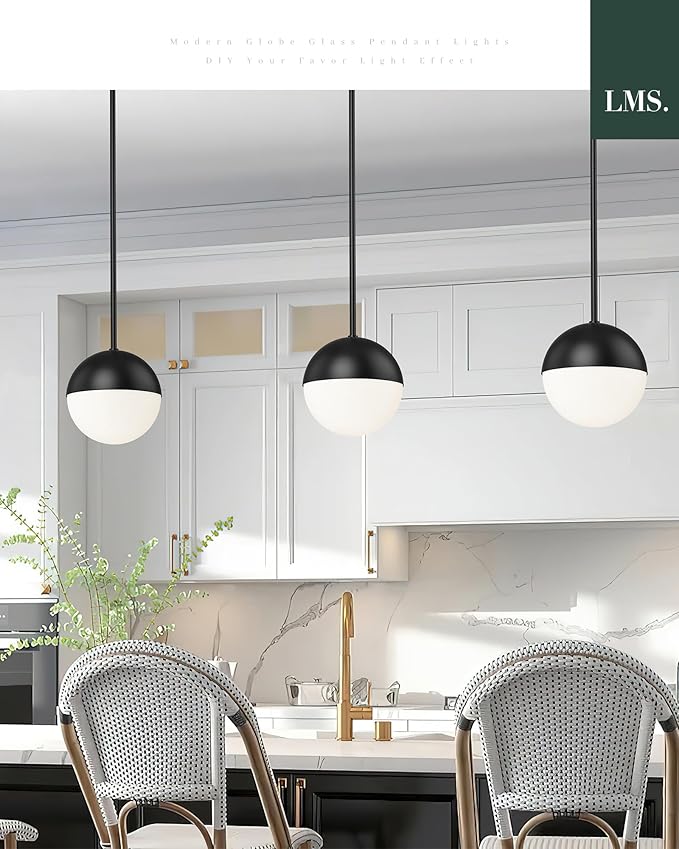 LMS 2 Pack Mid Century Pendant Lights, Matte Black Kitchen Island Light Fixtures with White Globe Glass Shade, Adjustable Hanging Rod Ceiling Light for Home Office Dining Room Bathroom, LMS-186BK2PK