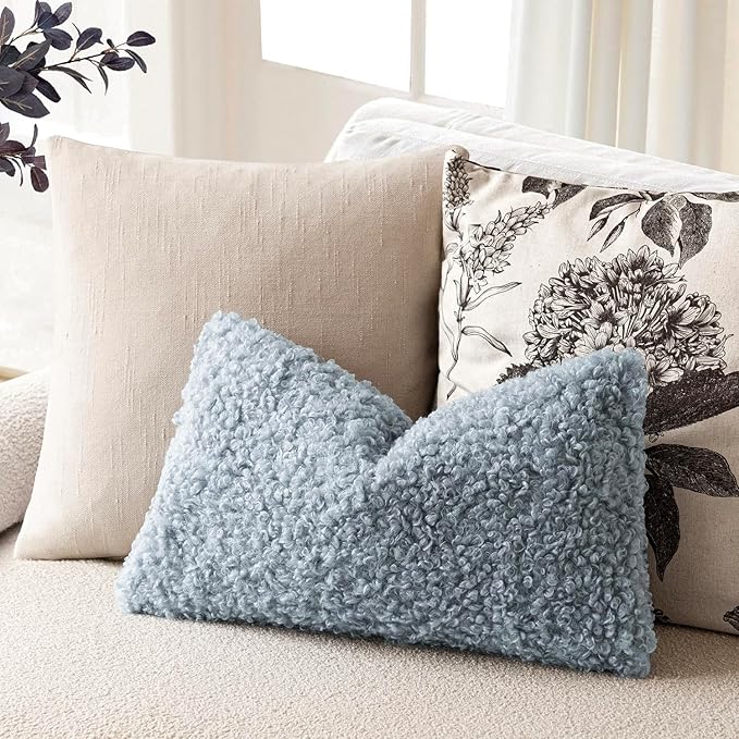 Foindtower Set of 2 Curly Teddy Wool Pillow Covers Decorative Boucle Textured Lumbar Throw Pillow Faux Fur Sherpa Pillowcases Sheepskin Fuzzy Cushion Case for Sofa Bedroom Car 12"x20" Misty Blue