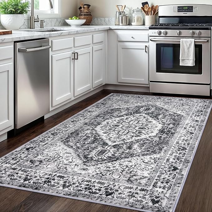 KOZYFLY Area Rug 4x6 Ft Washable Rugs for Entryway Non Slip Kitchen Mats for Floor Rugs for Living Room Printed Faux Wool Vintage Throw Rug for Entrance Bedroom Kitchen Living Room, Grey