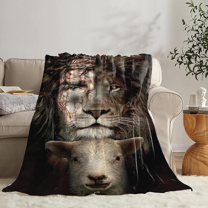 Tijuboni Lion Lamb Throw Blanket Christian Religious Gifts for Women Men Girls Boys Kids Adults Soft Flannel Fleece Blanket for Couch Sofa Bed Home Decor 60"x80"