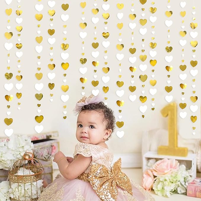 White Gold Heart Garland Hanging Paper Love Heart Streamer Banner for Baptism Engagement Anniversary Valentines Day Birthday Bachelorette Mothers Day Wedding Bridal Shower Party Decorations Supplies